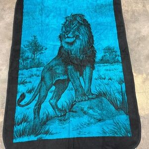Vintage San Marcos El Original Lion Blanket Cobertor Teal/Black 57x87 in